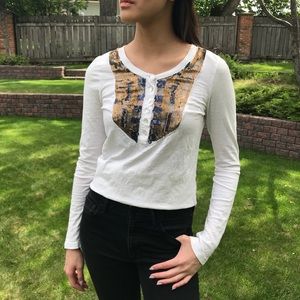 Long sleeve white Henley shirt with bronze sequins